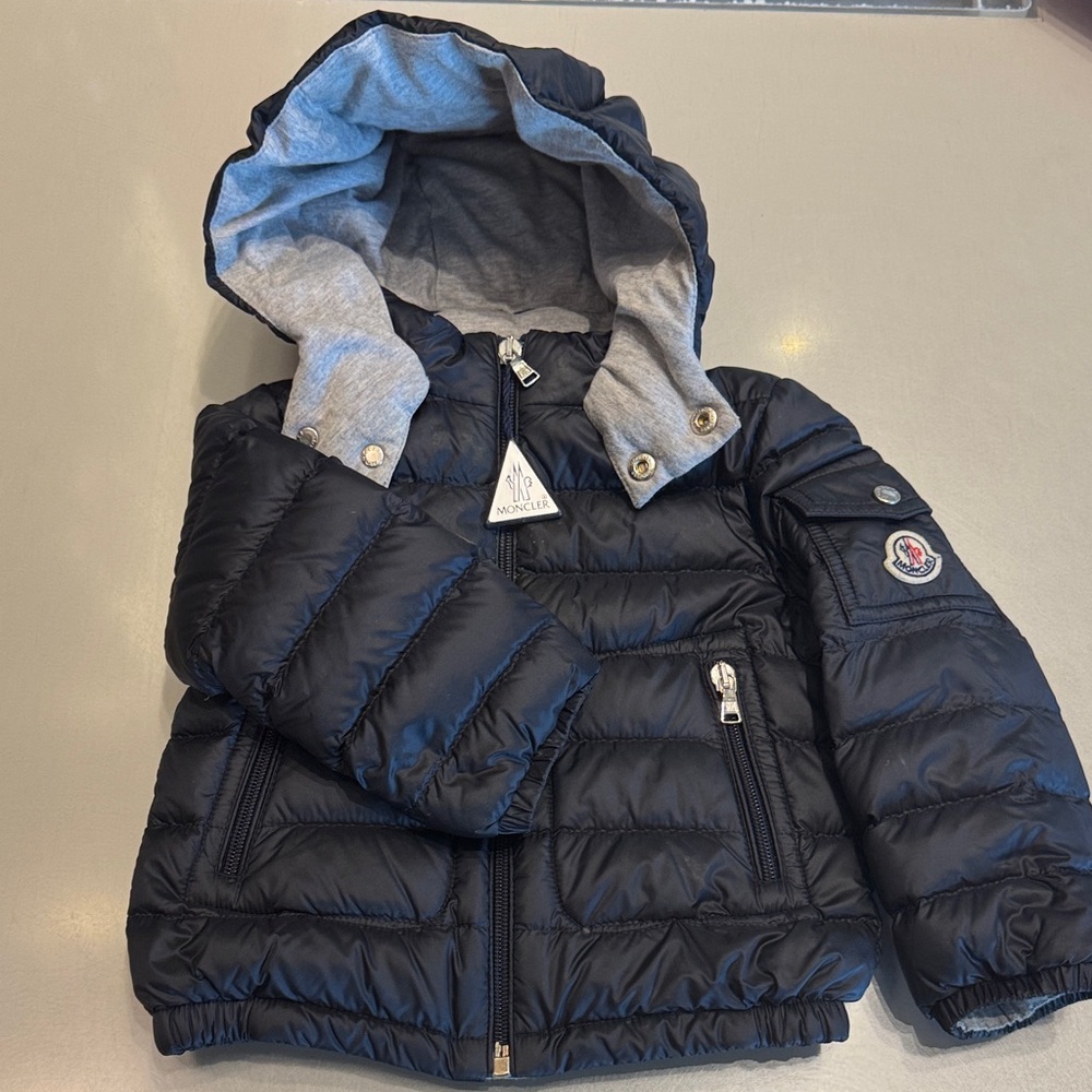 Moncler Navy Puffer Jacket with Gray Hood